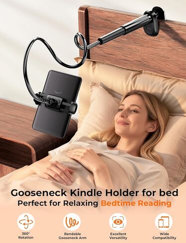 جهاز Kindle وحامل الهاتف للسرير: مشبك مرن طويل الذراع للقراءة بدون استخدام اليدين، حامل اللوح الأمامي للمكتب بجانب السرير، متوافق مع iPhone 17 Pro Max Kindle Kobo وأجهزة 4.7-8.6 بوصة in Kuwait