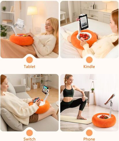 حامل وسادة للكمبيوتر اللوحي Kindle للسرير، وسادة حامل Kindle قابلة للتعديل مع وعاء للوجبات الخفيفة من نسيج قطيفة ناعم، متوافق مع الكمبيوتر اللوحي/Kindle/iPad/الهاتف/سطح البخار مقاس 4.7 بوصة - 13 بوصة، برتقالي كوني in Kuwait