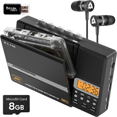 KLIM K10 مشغل أشرطة كاسيت محمول ومسجل شرائط، كاسيت إلى محول MP3 + ميكروفون مدمج ومكبر صوت + نقل USB للكمبيوتر + بطارية/يعمل بـ USB + بطاقة SD سعة 8 جيجابايت + سماعات أذن in Kuwait