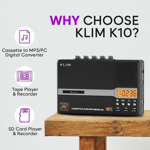 KLIM K10 مشغل أشرطة كاسيت محمول ومسجل شرائط، كاسيت إلى محول MP3 + ميكروفون مدمج ومكبر صوت + نقل USB للكمبيوتر + بطارية/يعمل بـ USB + بطاقة SD سعة 8 جيجابايت + سماعات أذن in Kuwait