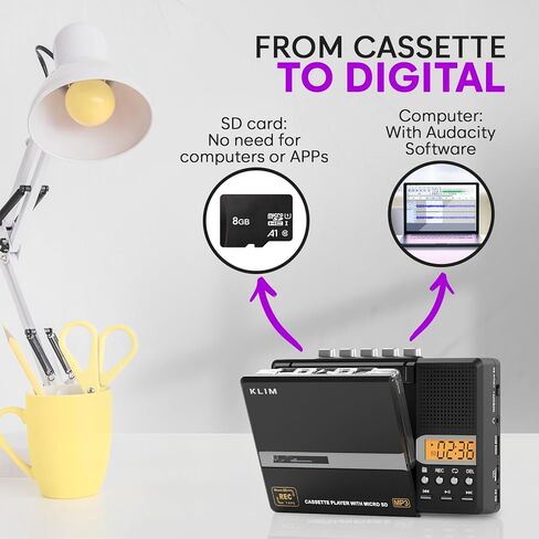 KLIM K10 مشغل أشرطة كاسيت محمول ومسجل شرائط، كاسيت إلى محول MP3 + ميكروفون مدمج ومكبر صوت + نقل USB للكمبيوتر + بطارية/يعمل بـ USB + بطاقة SD سعة 8 جيجابايت + سماعات أذن in Kuwait