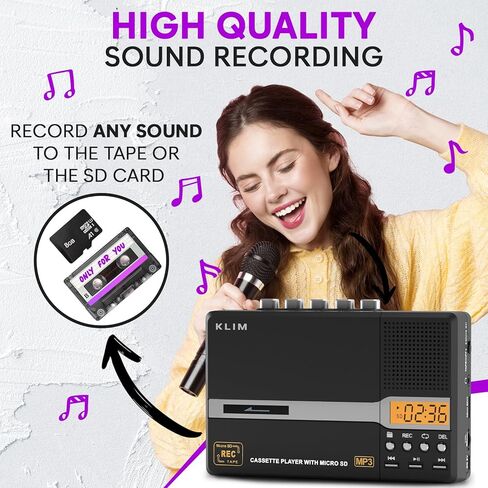 KLIM K10 مشغل أشرطة كاسيت محمول ومسجل شرائط، كاسيت إلى محول MP3 + ميكروفون مدمج ومكبر صوت + نقل USB للكمبيوتر + بطارية/يعمل بـ USB + بطاقة SD سعة 8 جيجابايت + سماعات أذن in Kuwait