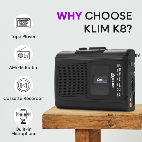 مشغل أشرطة كاسيت KLIM K8 محمول مع سماعات فيوجن - مسجل كاسيت - إصدار جديد - AM/FM - ميكروفون ومكبر صوت مدمج - مقبس سماعة الرأس وسماعات الأذن - أسود in Kuwait