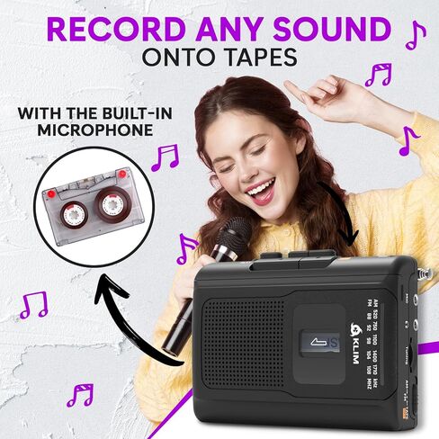 مشغل أشرطة كاسيت KLIM K8 محمول مع سماعات فيوجن - مسجل كاسيت - إصدار جديد - AM/FM - ميكروفون ومكبر صوت مدمج - مقبس سماعة الرأس وسماعات الأذن - أسود in Kuwait