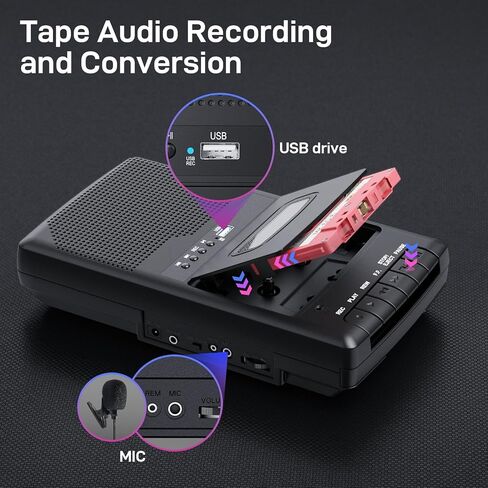 Portable Tape USB Player with Stand-Alone Mic, Cassette Players Recorder, Cassettes Tape Digital Converter to USB Flash Disk, Built-in Speaker, Retractable Handle, One-Touch Recording in Saudi Arabia