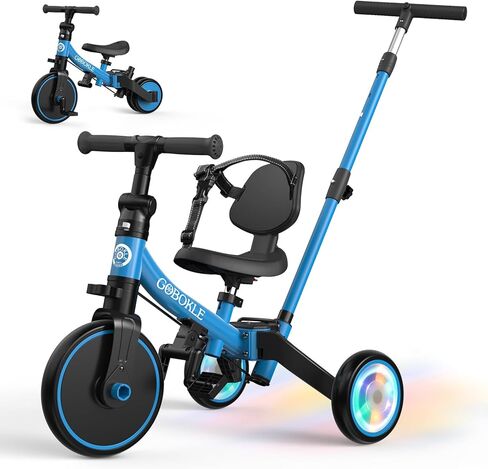 5-in-1 Tricycle for Toddlers 1-3, Convertible Toddler Bike with Push Handle & Removable Pedals, Balance Bike with Colorful Lighting Wheels, Adjustable Seat Height with Backrest (Black) in Saudi Arabia
