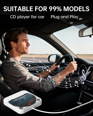 مشغل أقراص مضغوطة محمول للسيارة مع منفذ USB/AUX، مشغل أقراص مضغوطة خارجي متوافق مع ستيريو راديو السيارة والكمبيوتر المحمول والتلفزيون والكمبيوتر، عالمي للمركبة، أبيض in Kuwait