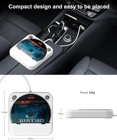 مشغل أقراص مضغوطة محمول للسيارة مع منفذ USB/AUX، مشغل أقراص مضغوطة خارجي متوافق مع ستيريو راديو السيارة والكمبيوتر المحمول والتلفزيون والكمبيوتر، عالمي للمركبة، أبيض in Kuwait