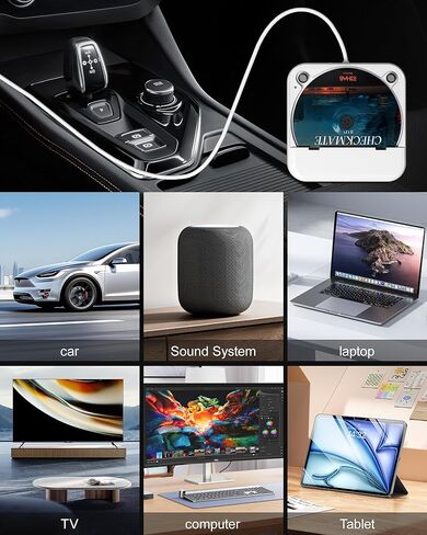 مشغل أقراص مضغوطة محمول للسيارة مع منفذ USB/AUX، مشغل أقراص مضغوطة خارجي متوافق مع ستيريو راديو السيارة والكمبيوتر المحمول والتلفزيون والكمبيوتر، عالمي للمركبة، أبيض in Kuwait