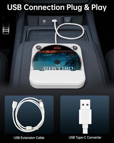 مشغل أقراص مضغوطة محمول للسيارة مع منفذ USB/AUX، مشغل أقراص مضغوطة خارجي متوافق مع ستيريو راديو السيارة والكمبيوتر المحمول والتلفزيون والكمبيوتر، عالمي للمركبة، أبيض in Kuwait