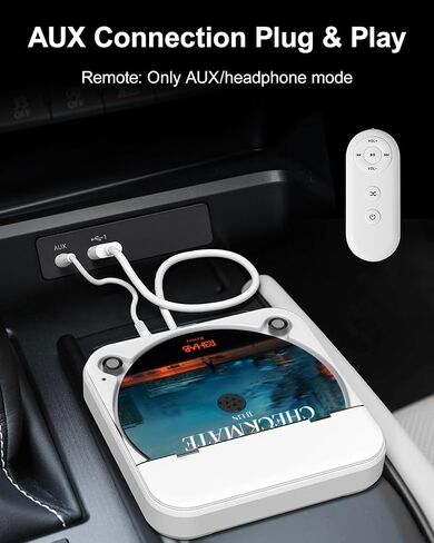 مشغل أقراص مضغوطة محمول للسيارة مع منفذ USB/AUX، مشغل أقراص مضغوطة خارجي متوافق مع ستيريو راديو السيارة والكمبيوتر المحمول والتلفزيون والكمبيوتر، عالمي للمركبة، أبيض in Kuwait