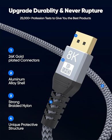 8K DisplayPort Cable 12FT, Display Port 1.4 Cable 12 Feet DP to DP Cord (8K@60Hz, 4K@144Hz, 2K@240Hz, 32.4Gbps, Dynamic HDR, HDCP2.2, 3D) for Gaming Monitor, Graphics Card, PC, Laptop in Saudi Arabia