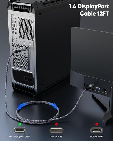8K DisplayPort Cable 12FT, Display Port 1.4 Cable 12 Feet DP to DP Cord (8K@60Hz, 4K@144Hz, 2K@240Hz, 32.4Gbps, Dynamic HDR, HDCP2.2, 3D) for Gaming Monitor, Graphics Card, PC, Laptop in Saudi Arabia