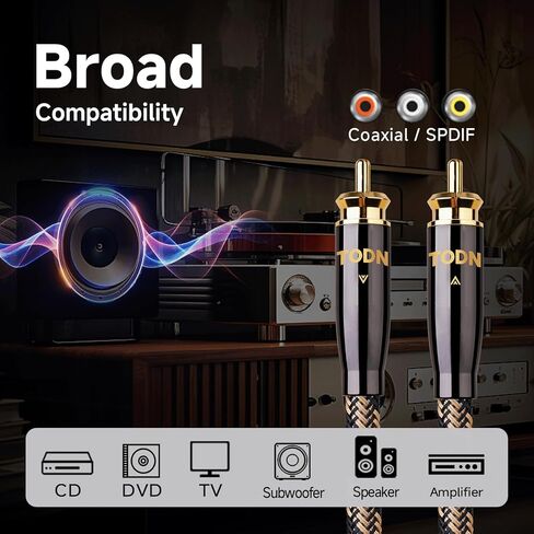 كابل صوت TODN HiFi رقمي محوري لعشاق الصوت 75 أوم SPDIF Coax مع قلب O-C-C، مزدوج الحماية، قابس مطلي بالذهب 24 قيراط (3 أقدام /1 متر) in Kuwait