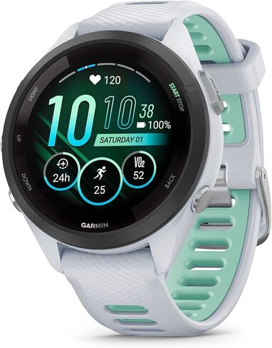 ساعة الجري Garmin Forerunner 265S الذكية، شاشة AMOLED ملونة، مقاييس التدريب ورؤى التعافي، Whitestone وNeo Tropic 42 مم (متجددة) in Kuwait