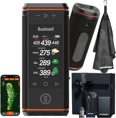 مكبر صوت Bushnell Golf Wingman HD GPS مع شاشة لمس ملونة، أمامية/مركزية/خلفية مسموعة ومرئية مع صوت قوي 360 درجة، ومسافات المخاطر. عرض الفتحة الكاملة ومنشفة الجولف من سلسلة Signature in Kuwait