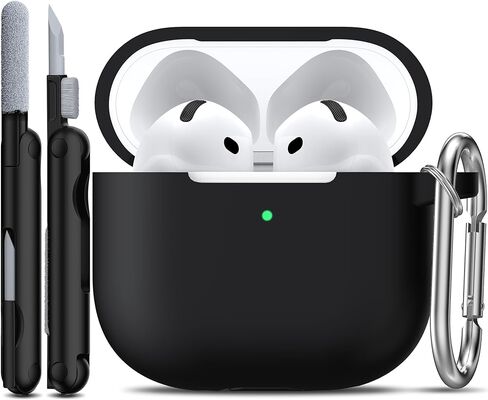 R-fun for AirPods 4 Case with Cleaner Kit,Full Protective Soft Skin Silicone Cover with Keychain for AirPods 4 Gen Case for Men Women,Compatible with Apple AirPods 4th Genaration case 2024,Black in Kuwait