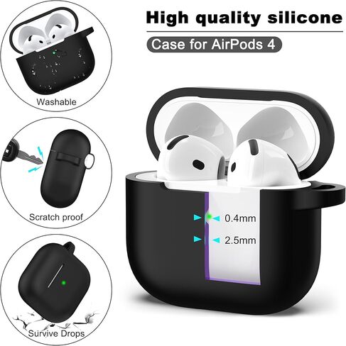 حافظة R-fun لأجهزة AirPods 4 مع مجموعة أدوات تنظيف، غطاء سيليكون ناعم واقٍ بالكامل مع سلسلة مفاتيح لحافظة AirPods 4 Gen للرجال والنساء، متوافقة مع حافظة Apple AirPods الجيل الرابع 2024، أسود in Saudi Arabia