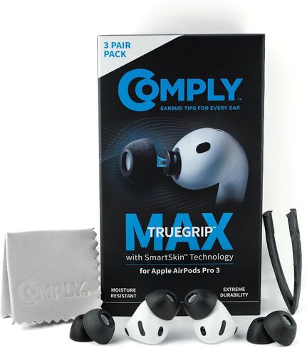 متوافق مع TrueGrip MAX | نصائح بديلة لسماعات الأذن من إسفنج الذاكرة الفاخر لجهاز Apple AirPods Pro Gen 3 | راحة تدوم طويلاً، أقصى قدر من المتانة، ملاءمة آمنة، عزل فائق للضوضاء| أسود (S/M/L) (3 أزواج) in Kuwait