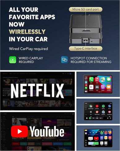 محول CarPlay لاسلكي 2 في 1 لبث Netflix/YouTube/TikTok/TF Card، 2025 Magic Video AI Box & Android Auto Dongle، التوصيل والتشغيل، يناسب iPhone 8+/iOS10+/Android 11+ in Kuwait