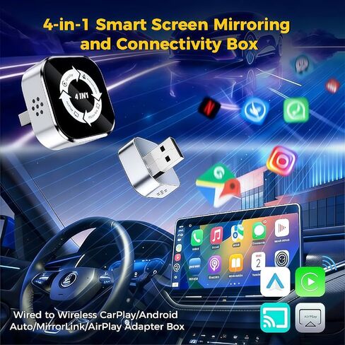 محول CarPlay اللاسلكي 4 في 1، تمت ترقيته 2026 لمحول Apple CarPlay اللاسلكي/Android auto/AirPlay/MirrorLink، تصميم USB صغير مع امتداد من النوع C، اتصال تلقائي سريع، التوصيل والتشغيل in Saudi Arabia