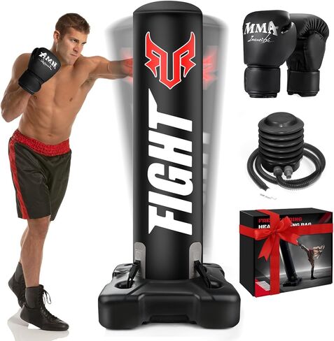 حقيبة ملاكمة واقفة للبالغين، حقيبة ملاكمة بقاعدة مطورة مع حقيبة ركل مع قفازات MMA ومضخة، حقيبة ثقيلة من مادة سميكة 0.7 مم لتمارين الصالة الرياضية المنزلية واللياقة البدنية التايلاندية in Saudi Arabia