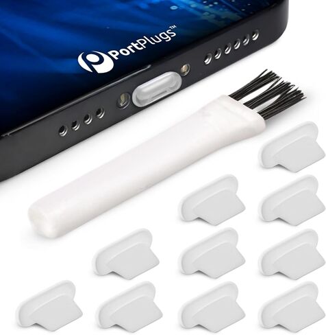 مقابس PortPlugs المضادة للغبار (10 عبوات) - تتضمن فرشاة تنظيف منفذ الشحن - غطاء واقي للمنافذ بتصميم مسطح - متوافق مع iPhone 14، 13،12،11 وAir Pods - أسود in Kuwait