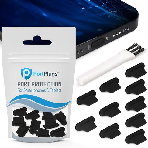 مقابس PortPlugs المضادة للغبار (10 عبوات) - تتضمن فرشاة تنظيف منفذ الشحن - غطاء واقي للمنافذ بتصميم مسطح - متوافق مع iPhone 14، 13،12،11 وAir Pods - أسود in Kuwait