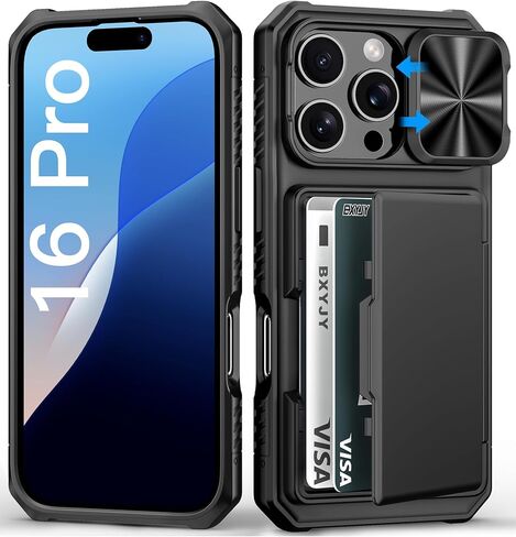 for iPhone 16 Pro Max Case Wallet, Built-in Card Holder (4-5 Cards), Slide Lens Cover, Military Drop Protection, Rugged Heavy Duty Men Women Protective Phone Case for iPhone 16 Pro Max, Black in Kuwait