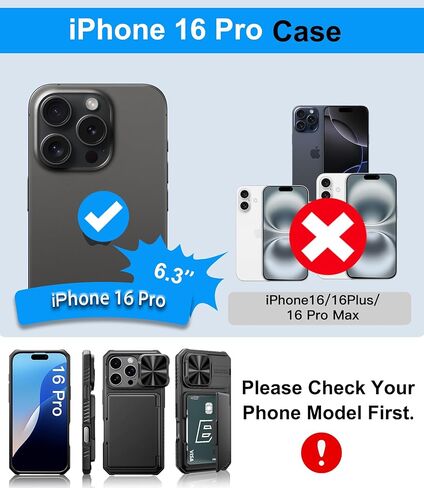 for iPhone 16 Pro Max Case Wallet, Built-in Card Holder (4-5 Cards), Slide Lens Cover, Military Drop Protection, Rugged Heavy Duty Men Women Protective Phone Case for iPhone 16 Pro Max, Black in Kuwait