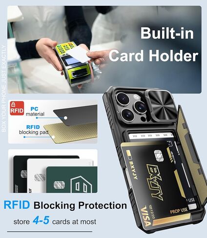for iPhone 16 Pro Max Case Wallet, Built-in Card Holder (4-5 Cards), Slide Lens Cover, Military Drop Protection, Rugged Heavy Duty Men Women Protective Phone Case for iPhone 16 Pro Max, Black in Kuwait