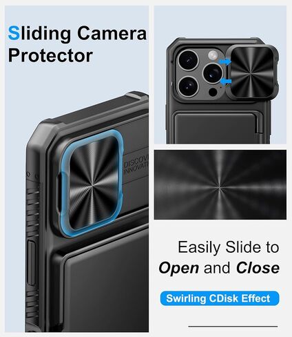 for iPhone 16 Pro Max Case Wallet, Built-in Card Holder (4-5 Cards), Slide Lens Cover, Military Drop Protection, Rugged Heavy Duty Men Women Protective Phone Case for iPhone 16 Pro Max, Black in Kuwait