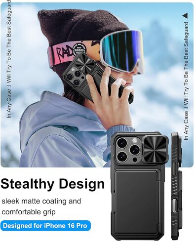 for iPhone 16 Pro Max Case Wallet, Built-in Card Holder (4-5 Cards), Slide Lens Cover, Military Drop Protection, Rugged Heavy Duty Men Women Protective Phone Case for iPhone 16 Pro Max, Black in Kuwait