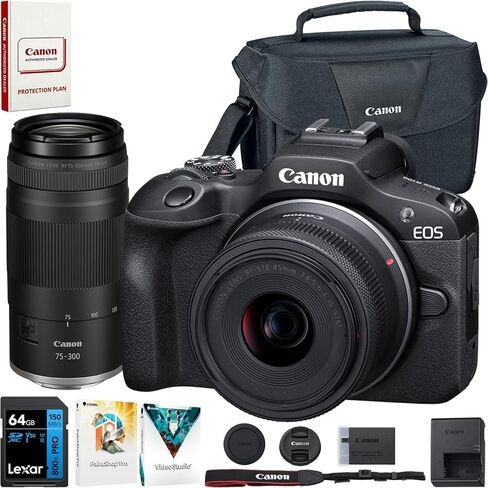 كاميرا Canon EOS R100 w/RF-S18-45mm F4.5-6.3 + RF-S55-210mm F5-7.1 هي حزمة عدسات STM مع بطاقة ذاكرة SDXC سعة 64 جيجابايت من سلسلة Lexar Premium PRO + حقيبة كاميرا Deco Essentials + مجموعة Corel Photo Video Suite in Saudi Arabia