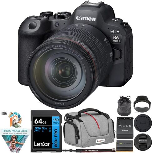مجموعة كاميرا Canon EOS R6 Mark II كاملة الإطار بدقة 24.2 ميجابكسل بدون مرآة (الجسم) مع بطاقة ذاكرة SDXC سعة 64 جيجابايت من سلسلة Lexar Premium PRO Blue + حقيبة كاميرا Deco Essentials + مجموعة Corel Photo Video Suite in Saudi Arabia