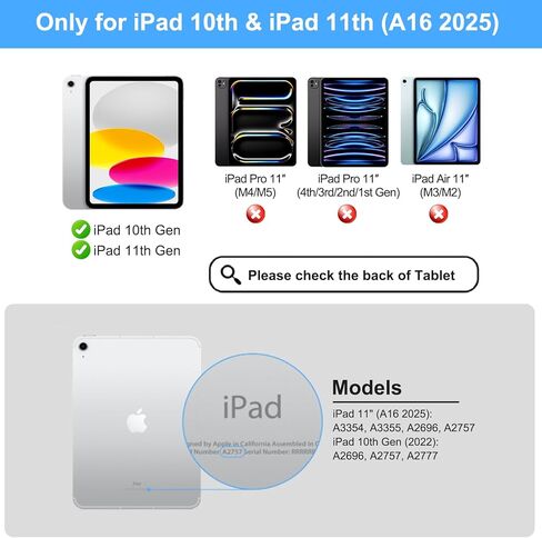 لوحة مفاتيح سحرية لجهاز iPad A16، حافظة لوحة مفاتيح خفيفة الوزن لجهاز iPad 11th (A16 2025) والجيل العاشر (2022)، لوحة مفاتيح ذكية نحيفة للغاية مع لوحة تتبع، 7 ألوان خلفية، أسود in Kuwait