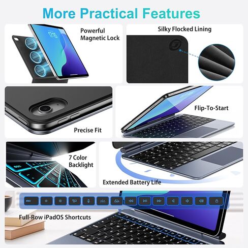 لوحة مفاتيح سحرية لجهاز iPad A16، حافظة لوحة مفاتيح خفيفة الوزن لجهاز iPad 11th (A16 2025) والجيل العاشر (2022)، لوحة مفاتيح ذكية نحيفة للغاية مع لوحة تتبع، 7 ألوان خلفية، أسود in Kuwait