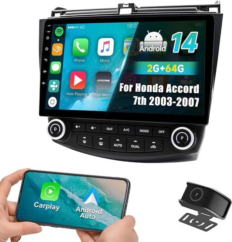 ستيريو راديو السيارة لسيارة Honda Accord الجيل السابع (2003-2007) Android 14 2GB+64GB CarPlay اللاسلكي وAndroid Auto، شاشة لمس IPS 10 بوصة، بلوتوث WiFi GPS Navi، FM/AM، كاميرا احتياطية، SWC in Kuwait