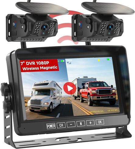 Dual Wireless Magnetic Backup Camera for Trailer - 7" 1080P HD 4CH Monitor with Solar 15000mAh Rechargeable Night Vision Rear Camera, DVR Loop Recording Waterproof No Delay for Truck,RV,Camper in Kuwait