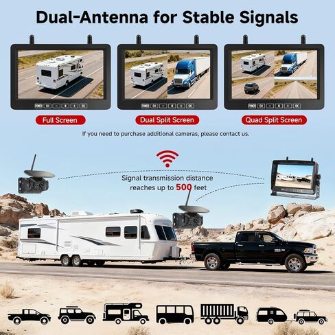 Dual Wireless Magnetic Backup Camera for Trailer - 7" 1080P HD 4CH Monitor with Solar 15000mAh Rechargeable Night Vision Rear Camera, DVR Loop Recording Waterproof No Delay for Truck,RV,Camper in Kuwait