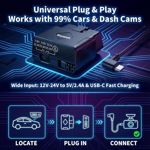 OBD2 Hardwire Kit for Dash Cam USB C, 4-Level Low Voltage Protection with Automatic LED Voltmeter,12V-24V to 5V Power Cable for Continuous Recording & Parking Mode,Plug and Play Dashcam Acc Detection in Saudi Arabia