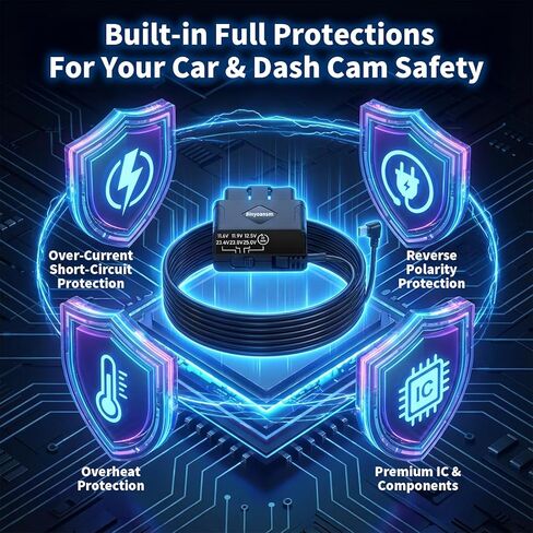 OBD2 Hardwire Kit for Dash Cam USB C, 4-Level Low Voltage Protection with Automatic LED Voltmeter,12V-24V to 5V Power Cable for Continuous Recording & Parking Mode,Plug and Play Dashcam Acc Detection in Saudi Arabia