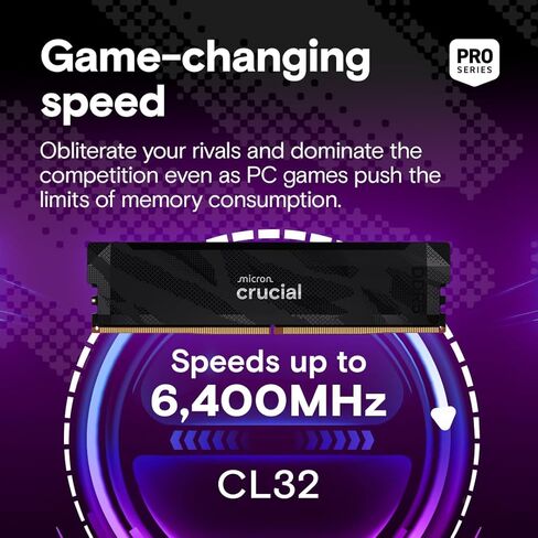 مجموعة ذاكرة الوصول العشوائي Crucial Pro DDR5 بسعة 32 جيجابايت (2 × 16 جيجابايت)، 6400 ميجاهرتز CL32، ذاكرة ألعاب سطح المكتب لرفع تردد التشغيل، متوافقة مع Intel XMP 3.0 وAMD Expo، أسود - CP2K16G64C32U5B in Kuwait