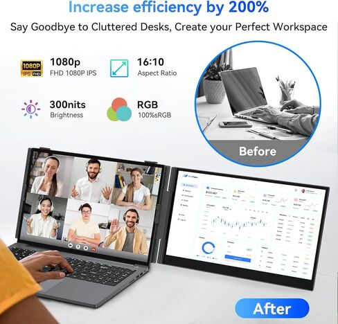 Blackview DCM8 Triple Laptop Screen Extender,15.6" 1080P FHD IPS Portable External Screen,Two Cable USB C Travel for 13-17'' Laptop,Plug & Play Compatible with Windows/Mac/Chrome OS/Mobile Devices in Kuwait