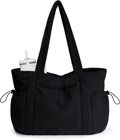 ECOHUB Large Corduroy Tote Bag with Stanley Cup Holder, Travel Tote Bags for Women, Shoulder Tote Bag with Laptop Compartment in Saudi Arabia
