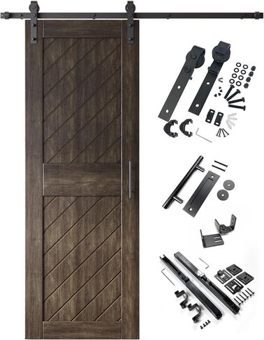 Homacer Ebony 40 بوصة × 84 بوصة تصميم مخطط مائل 001 باب الحظيرة مع مجموعة أدوات التثبيت غير الالتفافية، مسار 7 أقدام، للاستخدام الداخلي فقط in Saudi Arabia