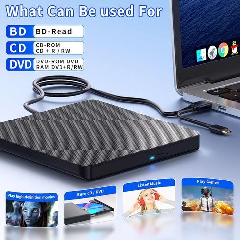 مشغل أقراص Blu ray خارجي للقراءة/الكتابة متوافق مع Bluray Burner USB 3.0 / Type-C DVD Burner مشغل Blu ray للكمبيوتر الشخصي وWindows 7-11 وMac (أسود) in Kuwait