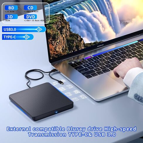 مشغل أقراص Blu ray خارجي للقراءة/الكتابة متوافق مع Bluray Burner USB 3.0 / Type-C DVD Burner مشغل Blu ray للكمبيوتر الشخصي وWindows 7-11 وMac (أسود) in Kuwait