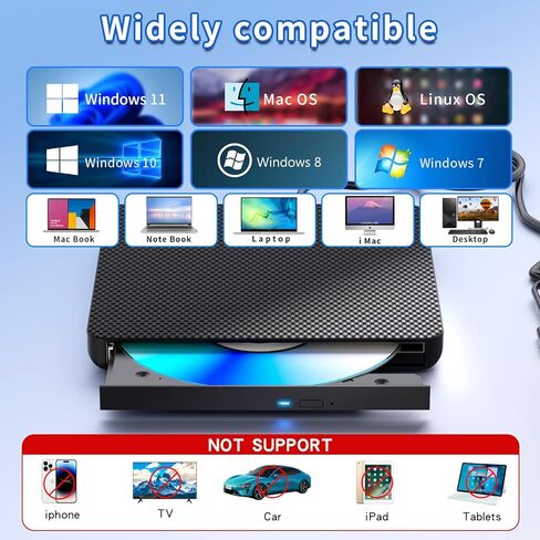 مشغل أقراص Blu ray خارجي للقراءة/الكتابة متوافق مع Bluray Burner USB 3.0 / Type-C DVD Burner مشغل Blu ray للكمبيوتر الشخصي وWindows 7-11 وMac (أسود) in Kuwait