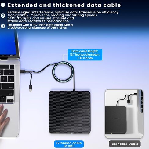 مشغل أقراص Blu ray خارجي للقراءة/الكتابة متوافق مع Bluray Burner USB 3.0 / Type-C DVD Burner مشغل Blu ray للكمبيوتر الشخصي وWindows 7-11 وMac (أسود) in Kuwait